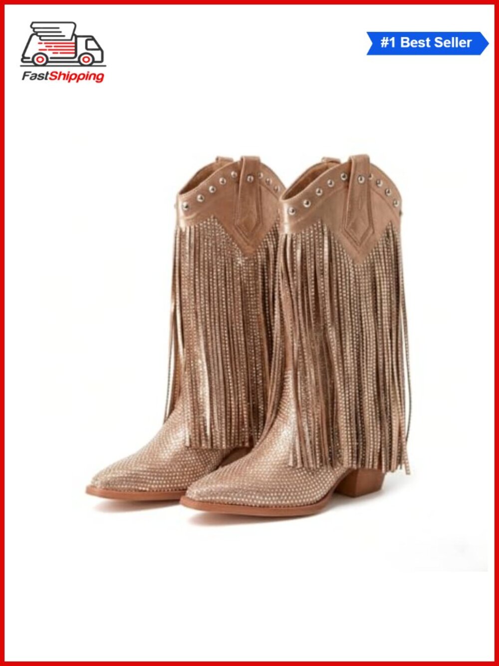 Rhinestone Fringe Western Cowgirl Boots Pointed Toe Block Heel Mid-Calf
